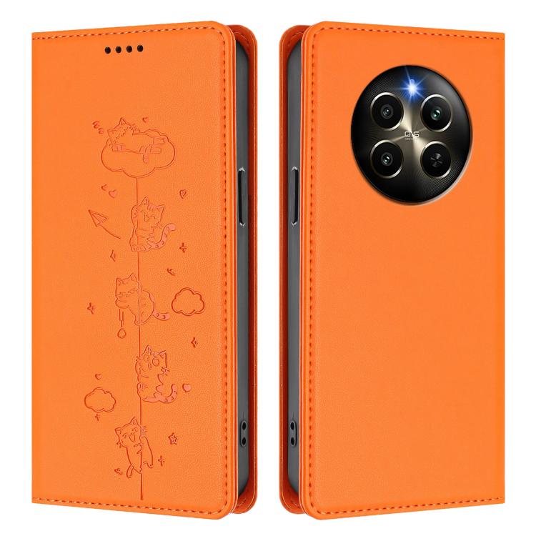 For Realme 12 Pro 5G / 12 Pro+ 5G Global Cute Cats Embossed Magnetic RFID Vegan Leather Phone Case