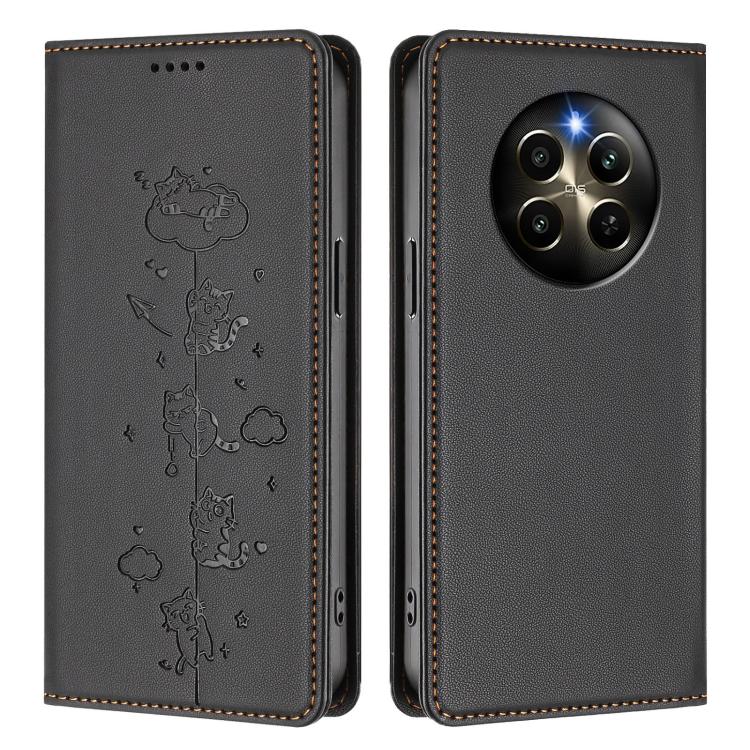 For Realme 12 Pro 5G / 12 Pro+ 5G Global Cute Cats Embossed Magnetic RFID Vegan Leather Phone Case