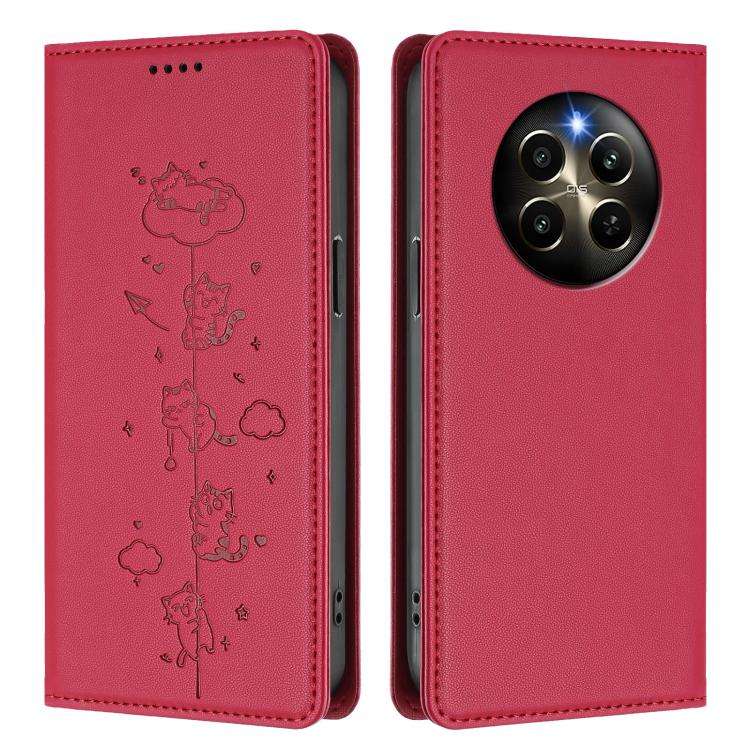 For Realme 12 Pro 5G / 12 Pro+ 5G Global Cute Cats Embossed Magnetic RFID Vegan Leather Phone Case