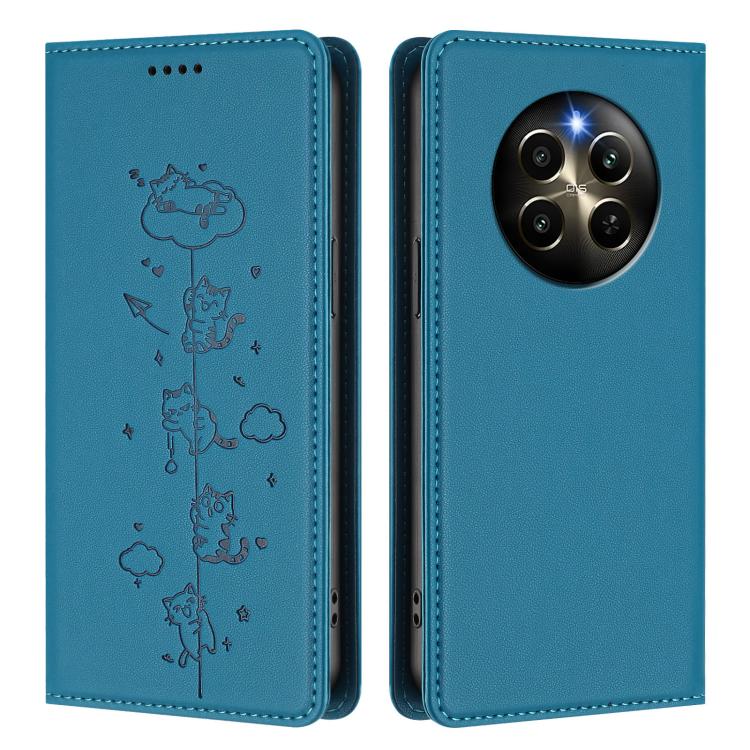 For Realme 12 Pro 5G / 12 Pro+ 5G Global Cute Cats Embossed Magnetic RFID Vegan Leather Phone Case