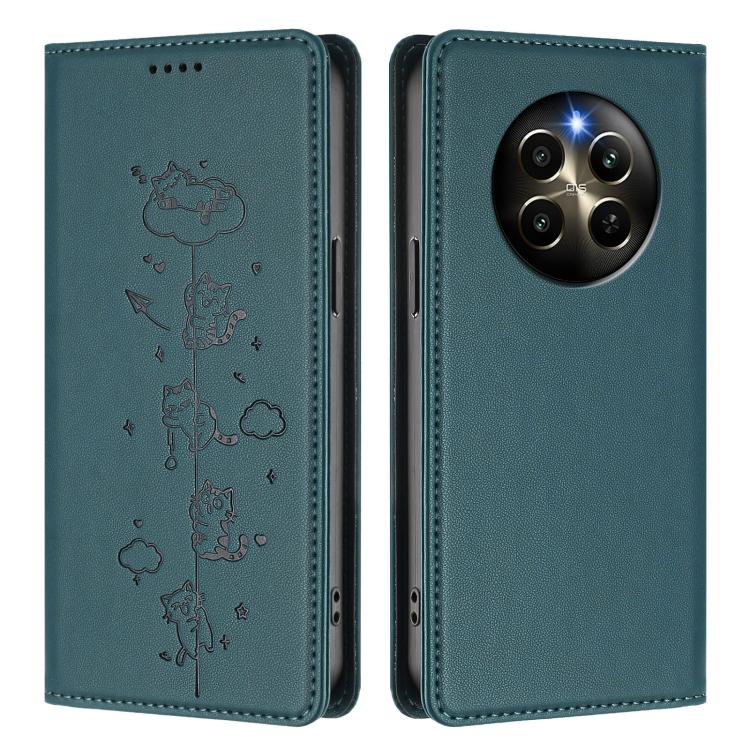 For Realme 12 Pro 5G / 12 Pro+ 5G Global Cute Cats Embossed Magnetic RFID Vegan Leather Phone Case