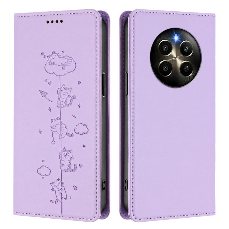 For Realme 12 Pro 5G / 12 Pro+ 5G Global Cute Cats Embossed Magnetic RFID Vegan Leather Phone Case
