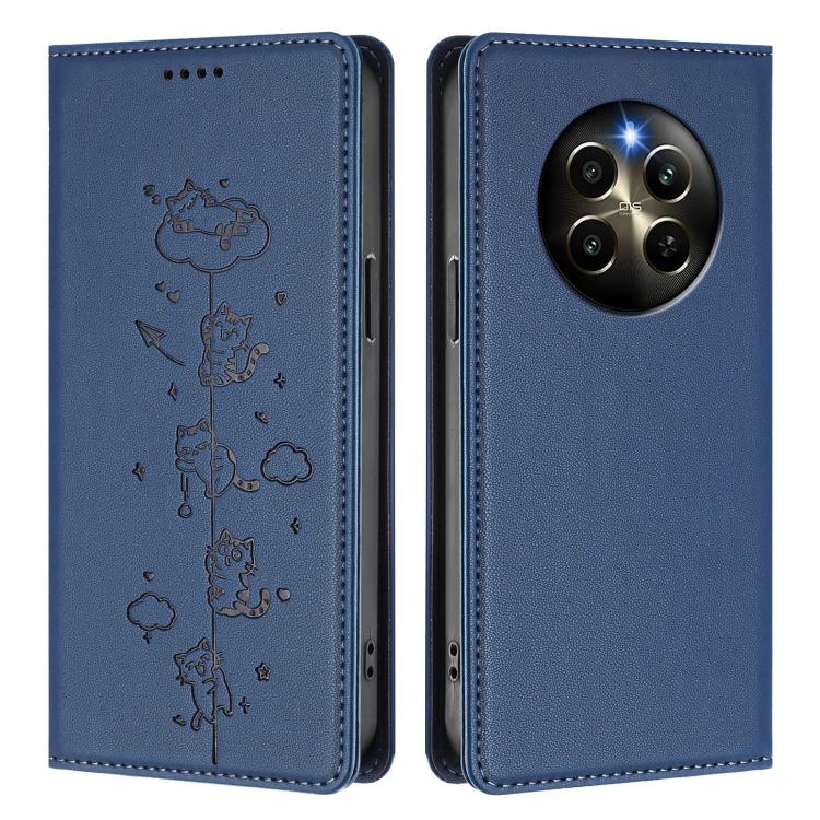 For Realme 12 Pro 5G / 12 Pro+ 5G Global Cute Cats Embossed Magnetic RFID Vegan Leather Phone Case