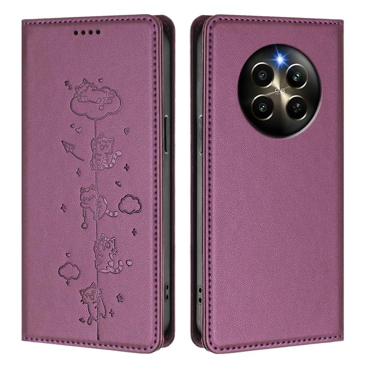 For Realme 12 Pro 5G / 12 Pro+ 5G Global Cute Cats Embossed Magnetic RFID Vegan Leather Phone Case