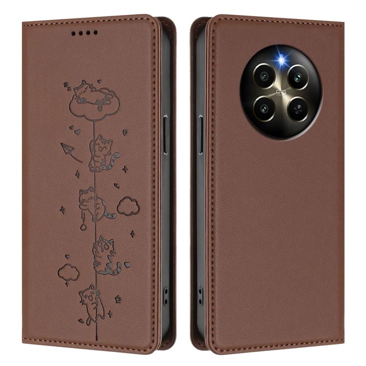 For Realme 12 Pro 5G / 12 Pro+ 5G Global Cute Cats Embossed Magnetic RFID Vegan Leather Phone Case
