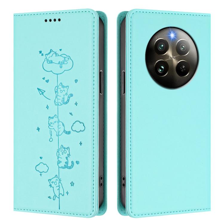 For Realme 13 4G / 12 4G Global Cute Cats Embossed Magnetic RFID Vegan Leather Phone Case