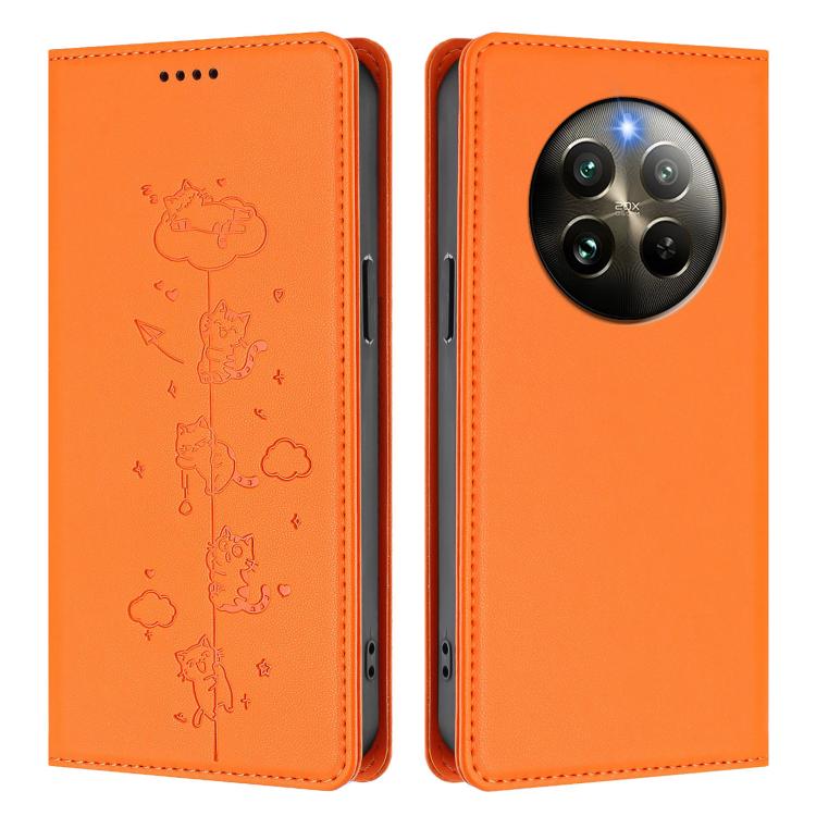 For Realme 13 4G / 12 4G Global Cute Cats Embossed Magnetic RFID Vegan Leather Phone Case