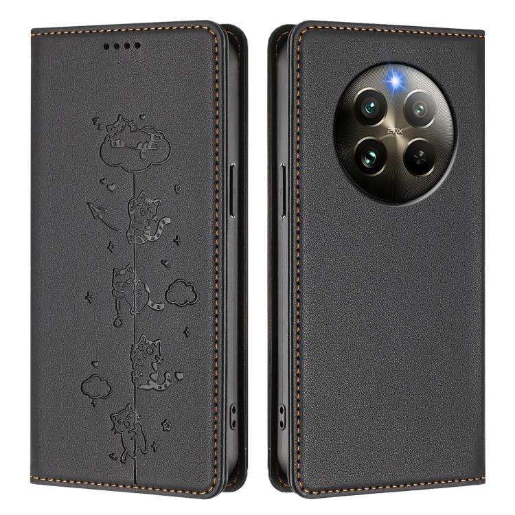 For Realme 13 4G / 12 4G Global Cute Cats Embossed Magnetic RFID Vegan Leather Phone Case