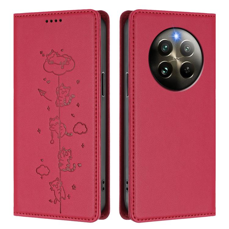 For Realme 13 4G / 12 4G Global Cute Cats Embossed Magnetic RFID Vegan Leather Phone Case