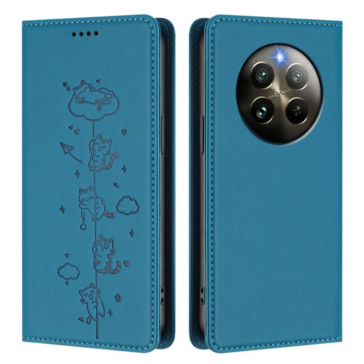 For Realme 13 4G / 12 4G Global Cute Cats Embossed Magnetic RFID Vegan Leather Phone Case
