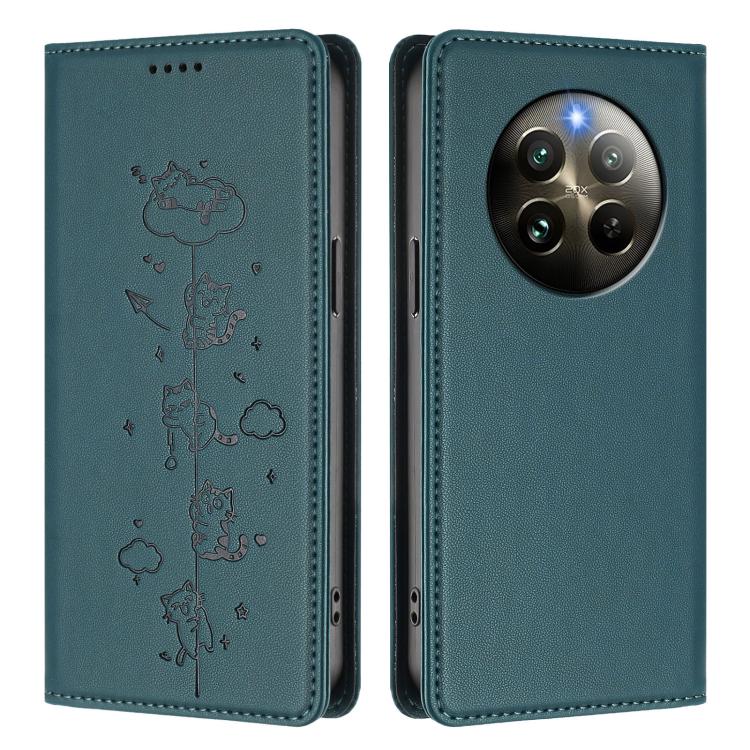 For Realme 13 4G / 12 4G Global Cute Cats Embossed Magnetic RFID Vegan Leather Phone Case