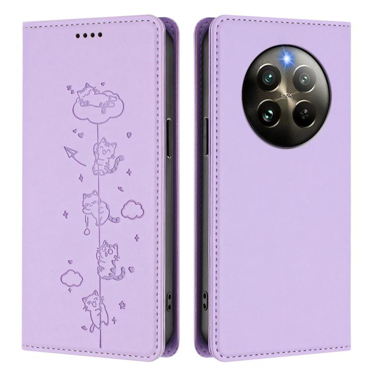For Realme 13 4G / 12 4G Global Cute Cats Embossed Magnetic RFID Vegan Leather Phone Case