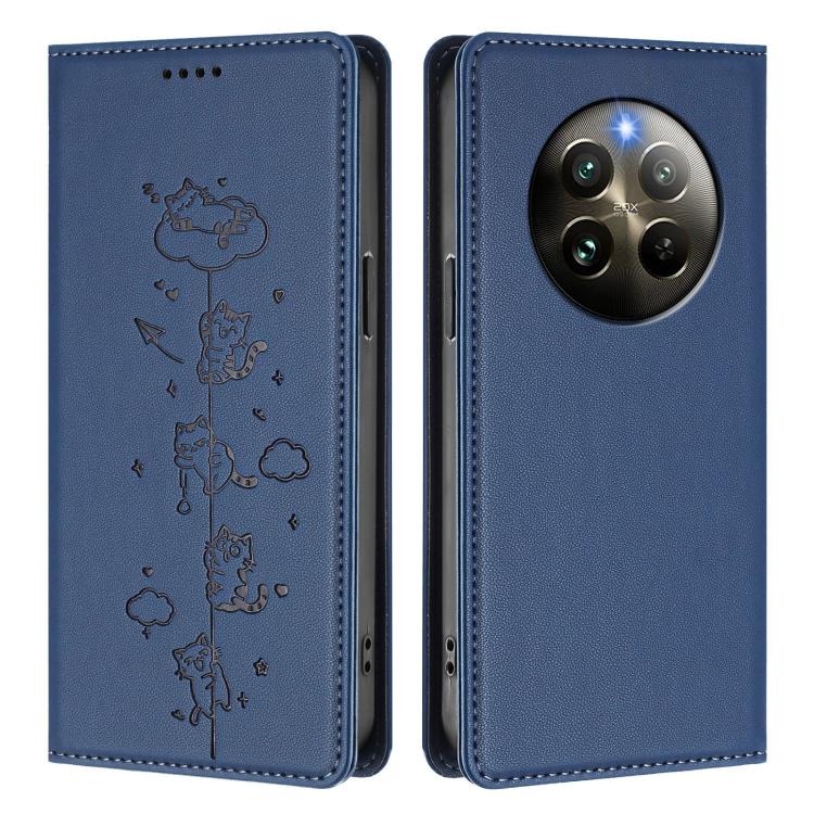 For Realme 13 4G / 12 4G Global Cute Cats Embossed Magnetic RFID Vegan Leather Phone Case