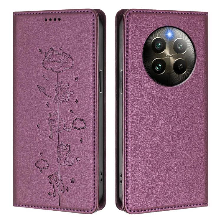 For Realme 13 4G / 12 4G Global Cute Cats Embossed Magnetic RFID Vegan Leather Phone Case