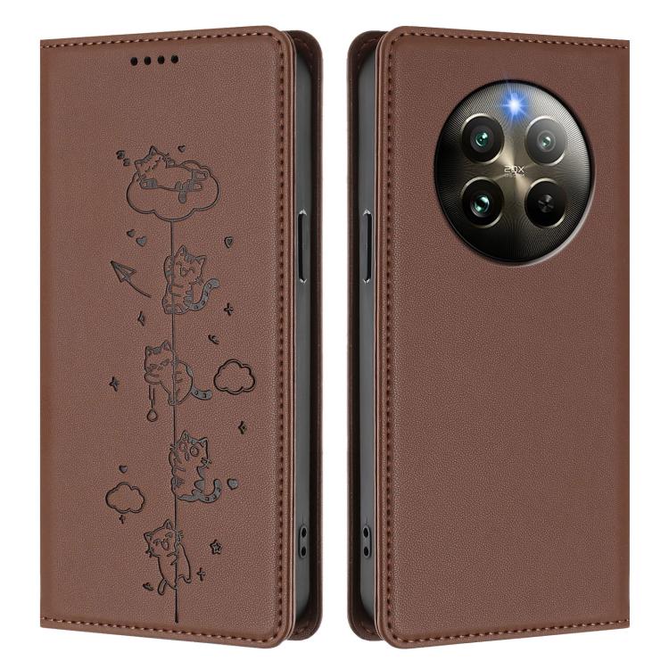 For Realme 13 4G / 12 4G Global Cute Cats Embossed Magnetic RFID Vegan Leather Phone Case