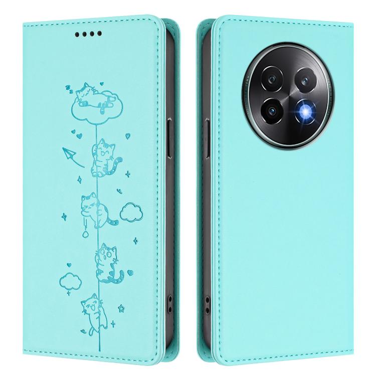 For Realme 13+ 5G Global Cute Cats Embossed Magnetic RFID Vegan Leather Phone Case