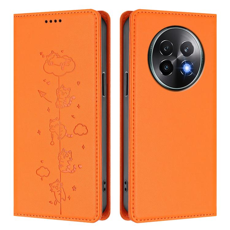 For Realme 13+ 5G Global Cute Cats Embossed Magnetic RFID Vegan Leather Phone Case