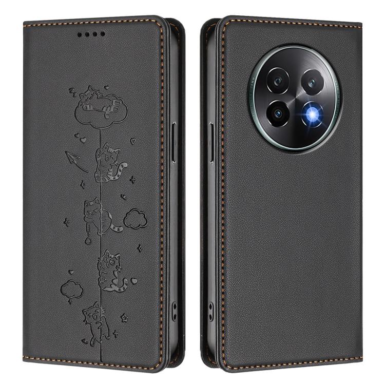 For Realme 13+ 5G Global Cute Cats Embossed Magnetic RFID Vegan Leather Phone Case