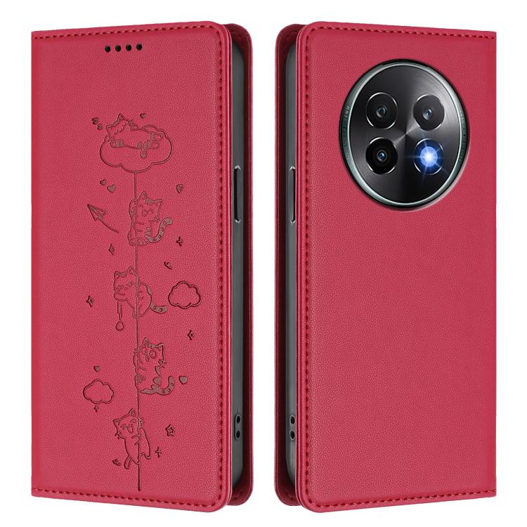 For Realme 13+ 5G Global Cute Cats Embossed Magnetic RFID Vegan Leather Phone Case