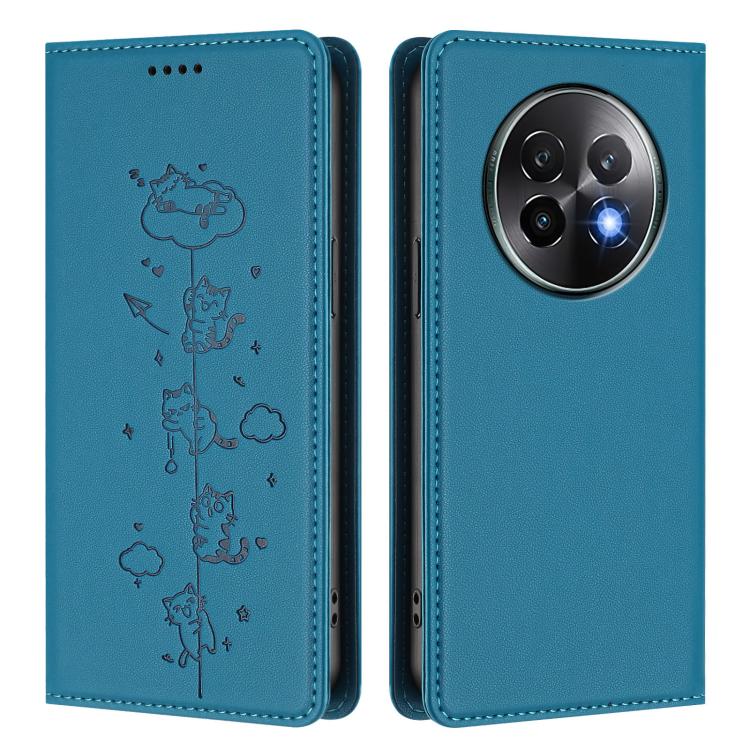 For Realme 13+ 5G Global Cute Cats Embossed Magnetic RFID Vegan Leather Phone Case