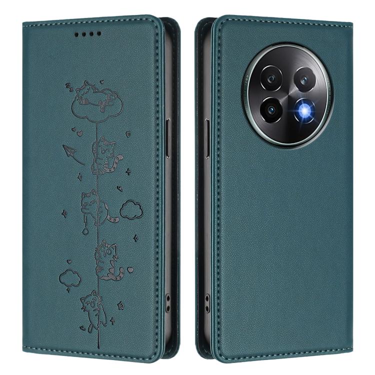 For Realme 13+ 5G Global Cute Cats Embossed Magnetic RFID Vegan Leather Phone Case