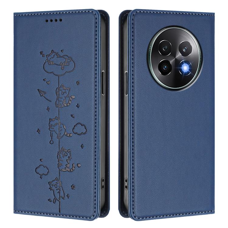 For Realme 13+ 5G Global Cute Cats Embossed Magnetic RFID Vegan Leather Phone Case