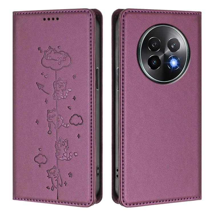 For Realme 13+ 5G Global Cute Cats Embossed Magnetic RFID Vegan Leather Phone Case