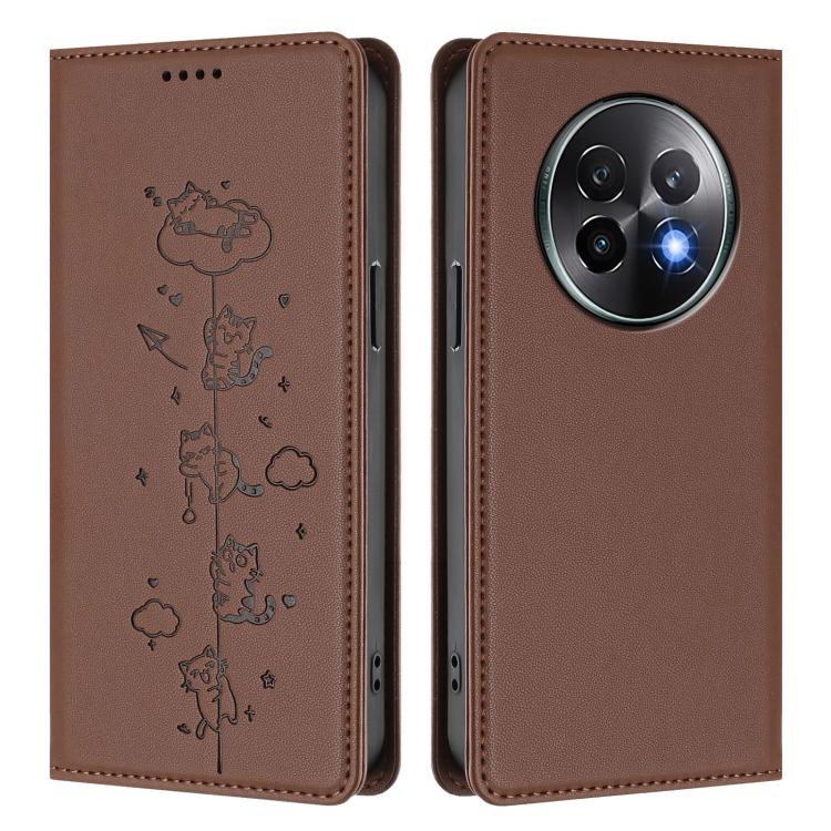 For Realme 13+ 5G Global Cute Cats Embossed Magnetic RFID Vegan Leather Phone Case
