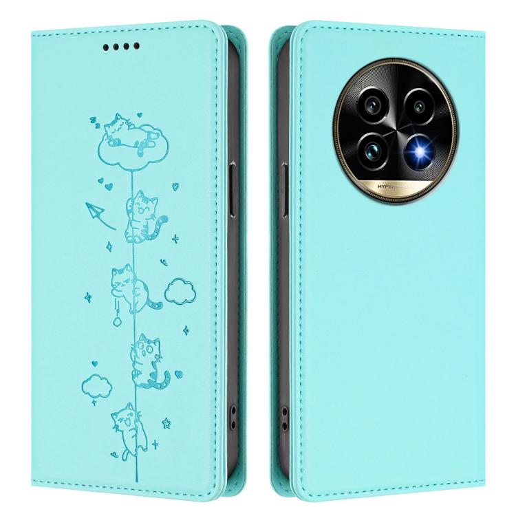 For Realme 13 Pro 5G / 13 Pro+ 5G Global Cute Cats Embossed Magnetic RFID Vegan Leather Phone Case