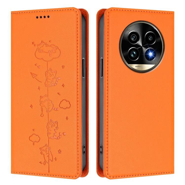 For Realme 13 Pro 5G / 13 Pro+ 5G Global Cute Cats Embossed Magnetic RFID Vegan Leather Phone Case