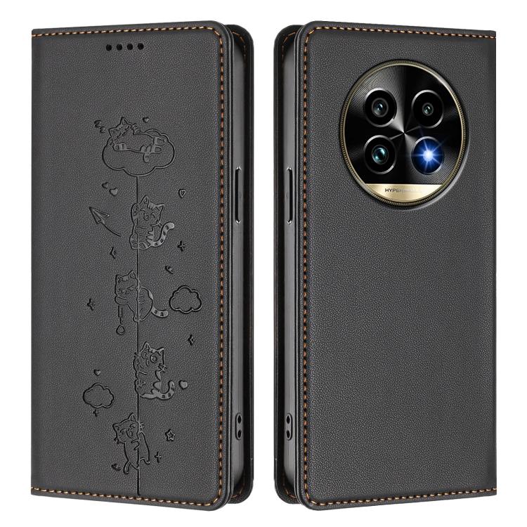 For Realme 13 Pro 5G / 13 Pro+ 5G Global Cute Cats Embossed Magnetic RFID Vegan Leather Phone Case
