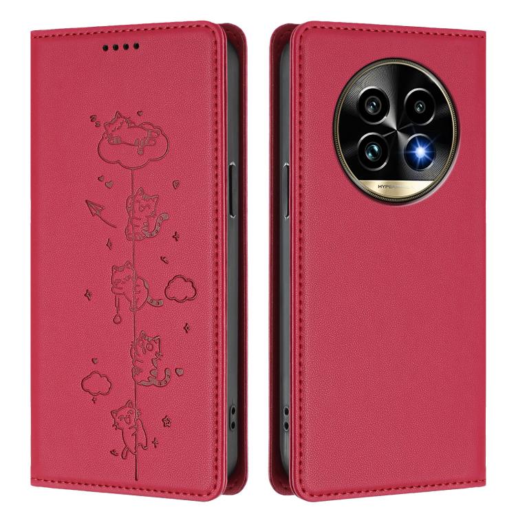For Realme 13 Pro 5G / 13 Pro+ 5G Global Cute Cats Embossed Magnetic RFID Vegan Leather Phone Case