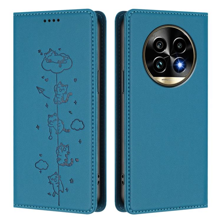 For Realme 13 Pro 5G / 13 Pro+ 5G Global Cute Cats Embossed Magnetic RFID Vegan Leather Phone Case
