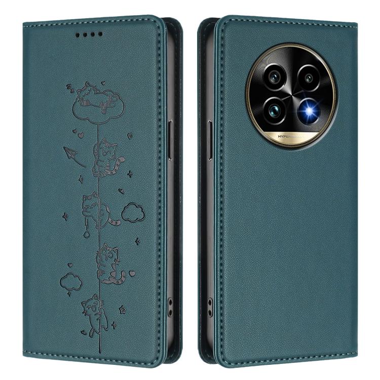 For Realme 13 Pro 5G / 13 Pro+ 5G Global Cute Cats Embossed Magnetic RFID Vegan Leather Phone Case