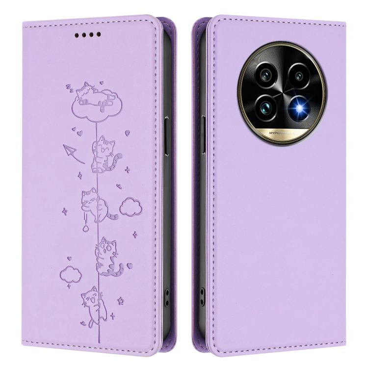 For Realme 13 Pro 5G / 13 Pro+ 5G Global Cute Cats Embossed Magnetic RFID Vegan Leather Phone Case