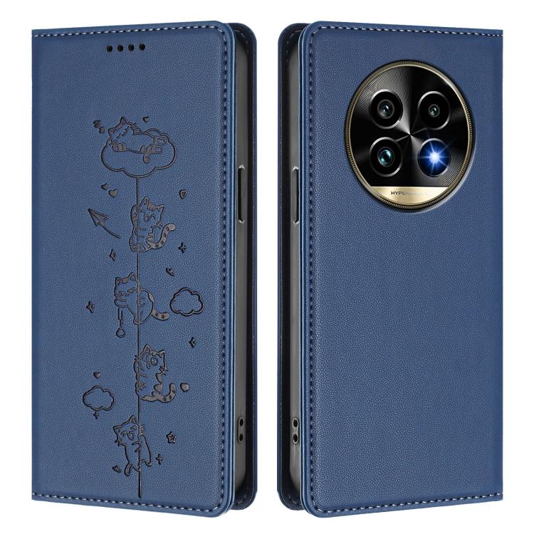 For Realme 13 Pro 5G / 13 Pro+ 5G Global Cute Cats Embossed Magnetic RFID Vegan Leather Phone Case