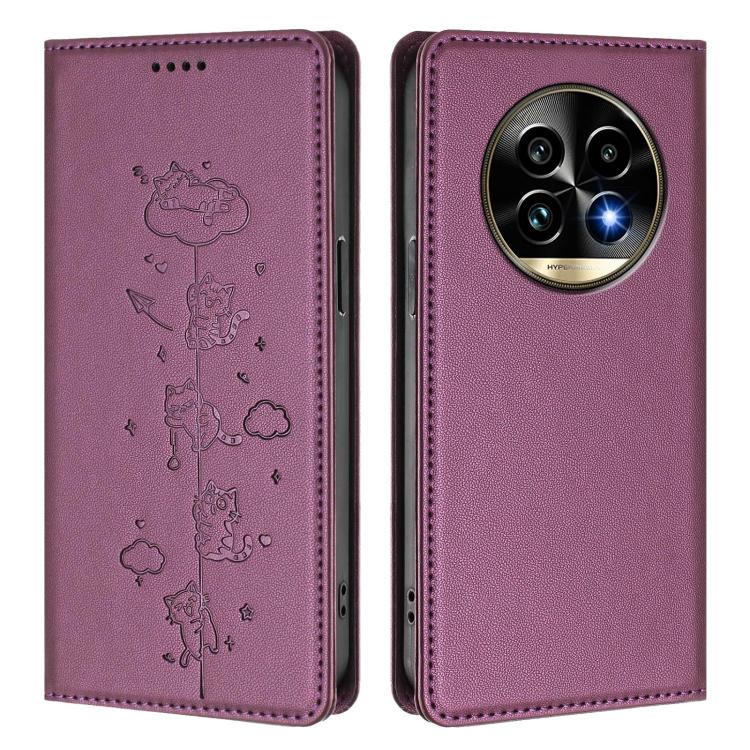For Realme 13 Pro 5G / 13 Pro+ 5G Global Cute Cats Embossed Magnetic RFID Vegan Leather Phone Case