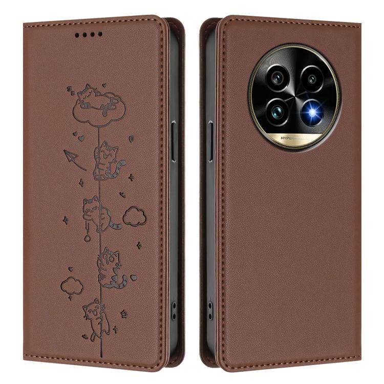 For Realme 13 Pro 5G / 13 Pro+ 5G Global Cute Cats Embossed Magnetic RFID Vegan Leather Phone Case