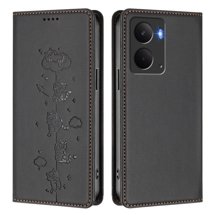 For Realme 14 / 14T / P3 5G Global Cute Cats Embossed Magnetic RFID Vegan Leather Phone Case