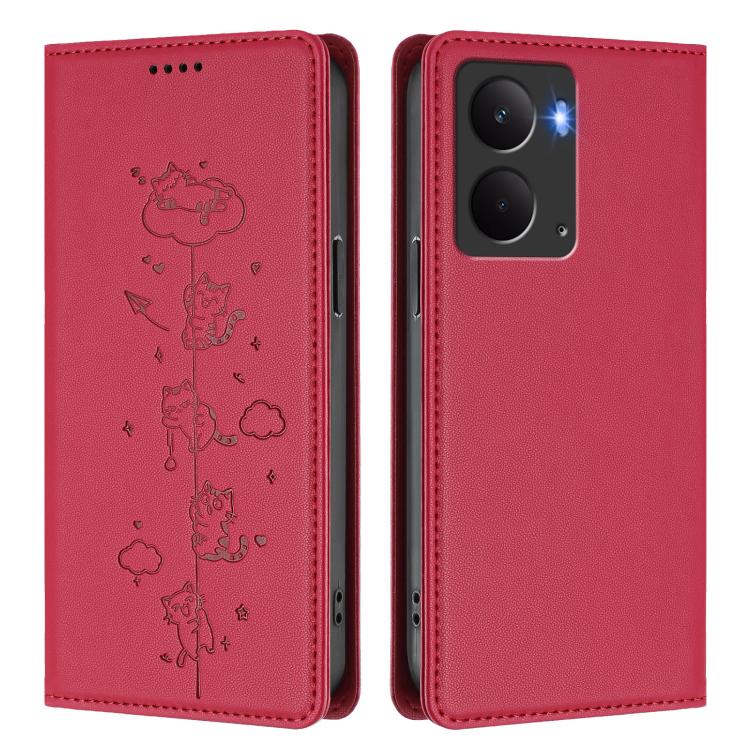 For Realme 14 / 14T / P3 5G Global Cute Cats Embossed Magnetic RFID Vegan Leather Phone Case
