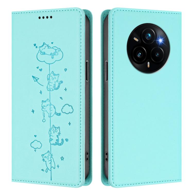 For Realme 14 Pro+ 5G Global Cute Cats Embossed Magnetic RFID Vegan Leather Phone Case