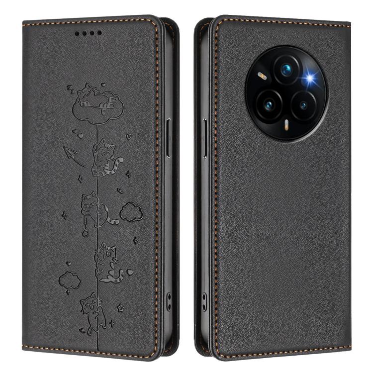For Realme 14 Pro+ 5G Global Cute Cats Embossed Magnetic RFID Vegan Leather Phone Case