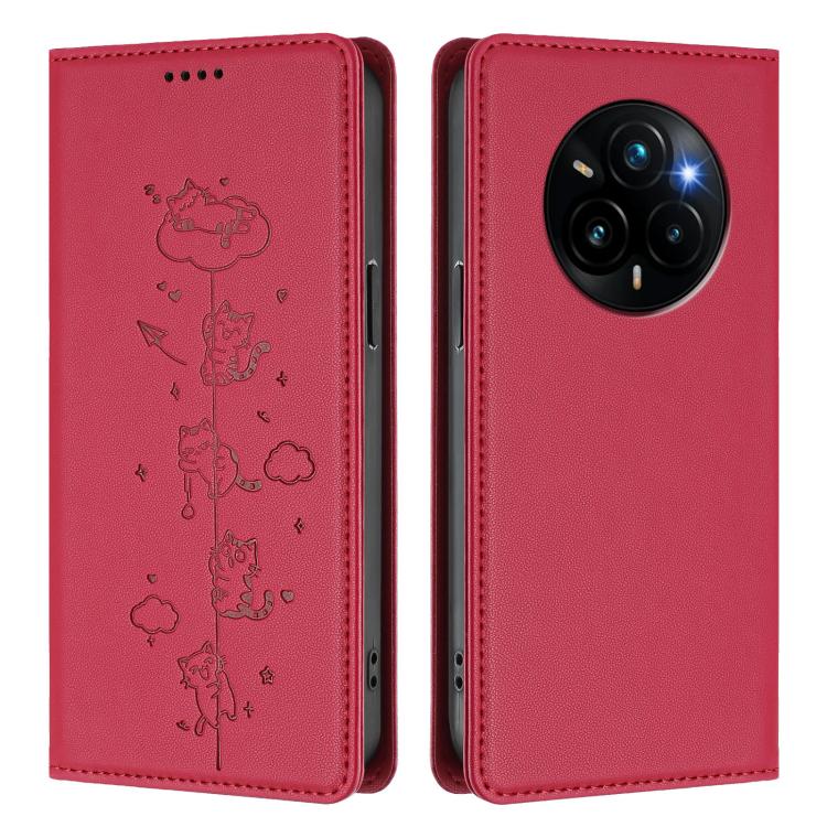 For Realme 14 Pro+ 5G Global Cute Cats Embossed Magnetic RFID Vegan Leather Phone Case