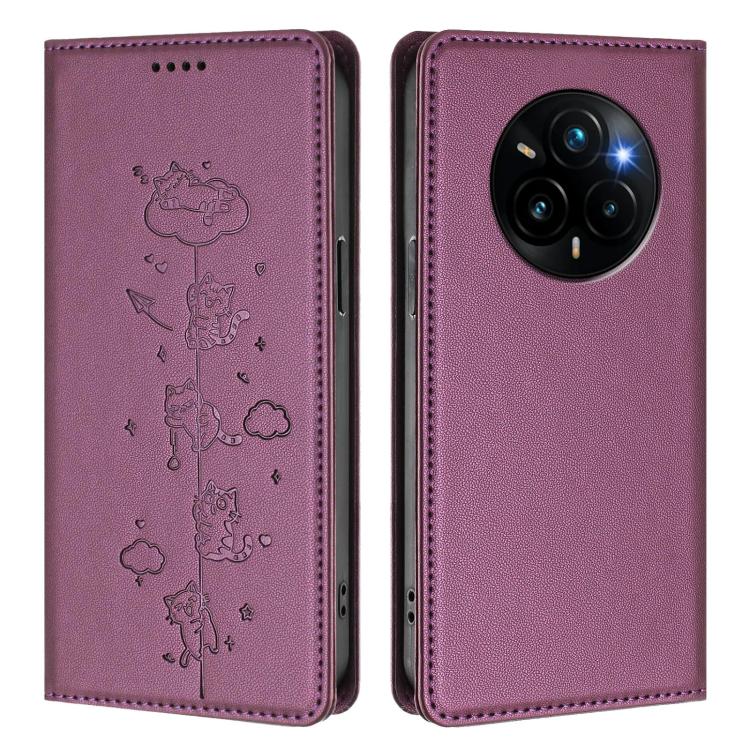 For Realme 14 Pro+ 5G Global Cute Cats Embossed Magnetic RFID Vegan Leather Phone Case