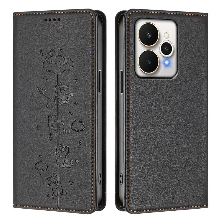 For Realme 15 / 15 Pro 5G Global Cute Cats Embossed Magnetic RFID Vegan Leather Phone Case