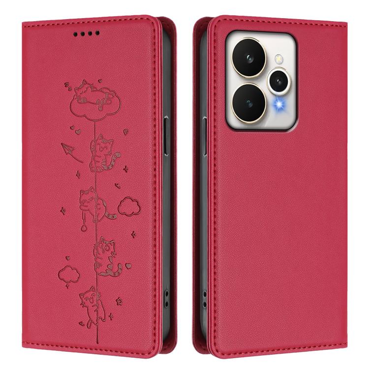 For Realme 15 / 15 Pro 5G Global Cute Cats Embossed Magnetic RFID Vegan Leather Phone Case