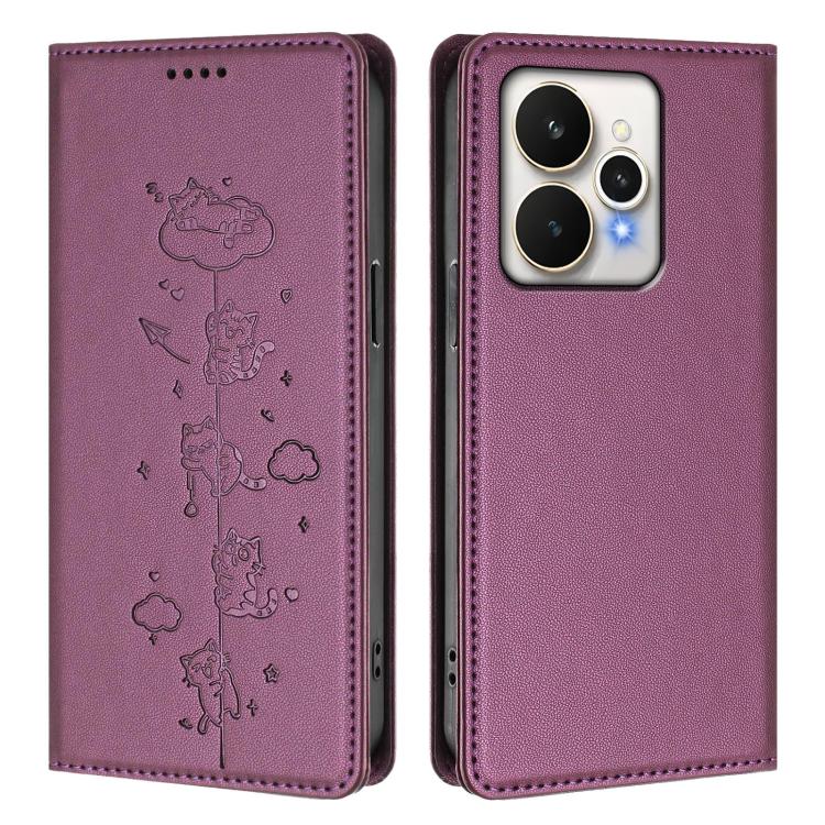 For Realme 15 / 15 Pro 5G Global Cute Cats Embossed Magnetic RFID Vegan Leather Phone Case