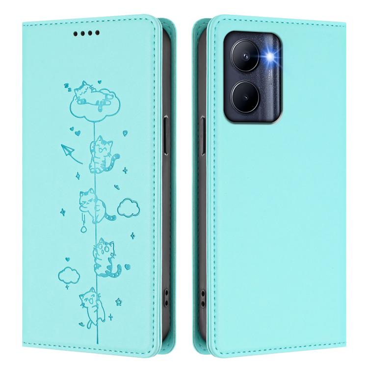 For Realme C33 2023 Global Cute Cats Embossed Magnetic RFID Vegan Leather Phone Case