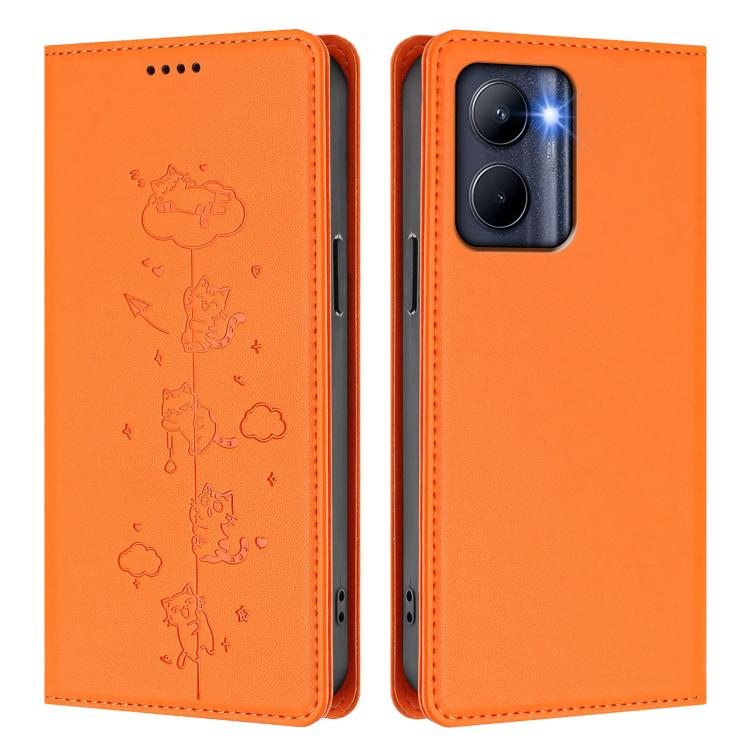 For Realme C33 2023 Global Cute Cats Embossed Magnetic RFID Vegan Leather Phone Case