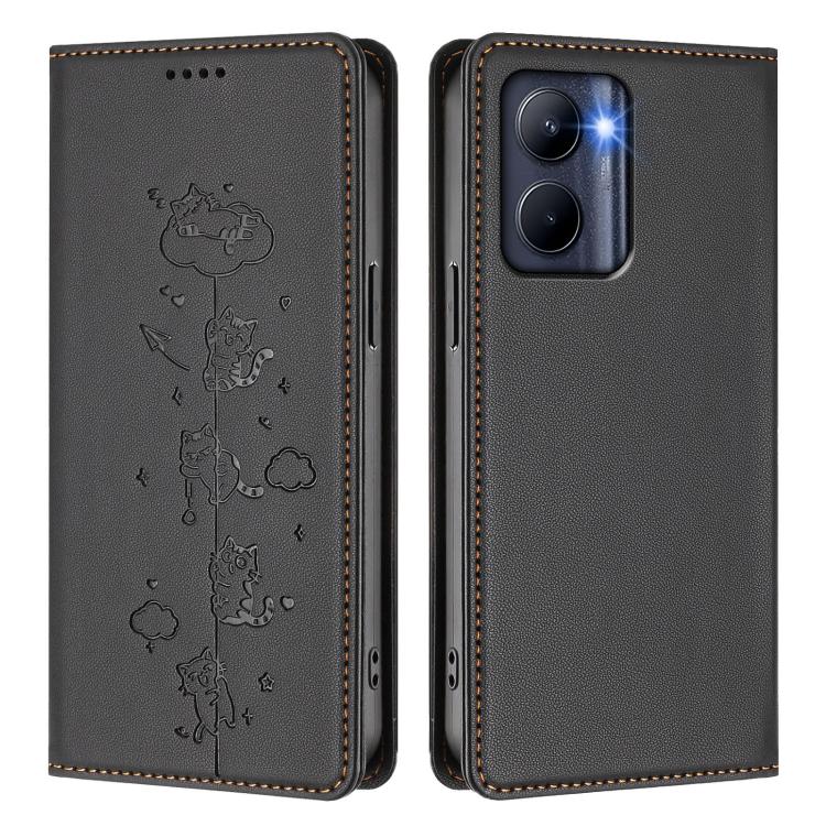 For Realme C33 2023 Global Cute Cats Embossed Magnetic RFID Vegan Leather Phone Case